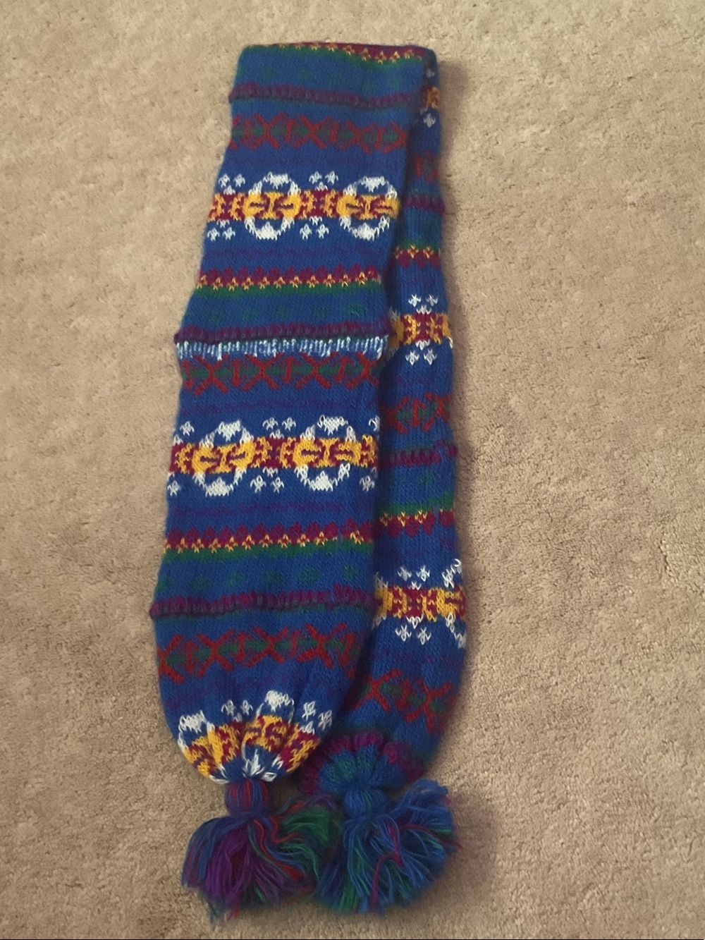 Old Navy Blue Fair Isle Knit Scarf with Pom-Pom